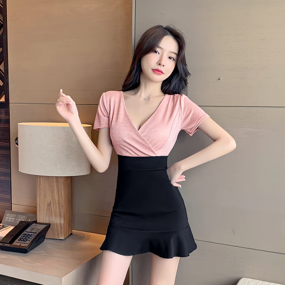 足浴技师工作服女足疗新款短袖夜场上班衣服v领低胸鱼尾裙连衣裙