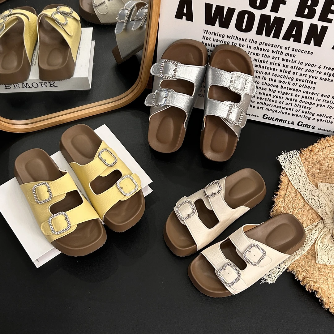 韩系时尚百搭水钻二字带松糕厚底休闲拖鞋7756