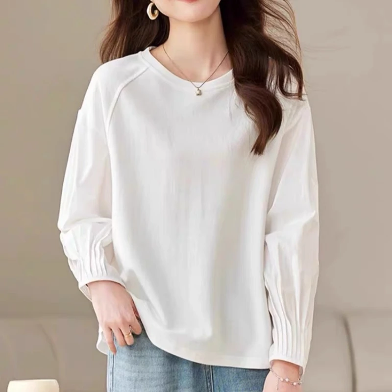 HUIZHIMEI/绘智美大码早春新款简约拼接褶皱衬衫袖长袖正肩打底衫