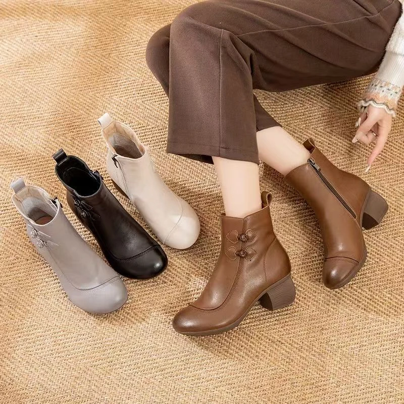 复古短靴女2025秋冬新款软底粗跟马丁靴中年妈妈皮靴百搭时尚显瘦