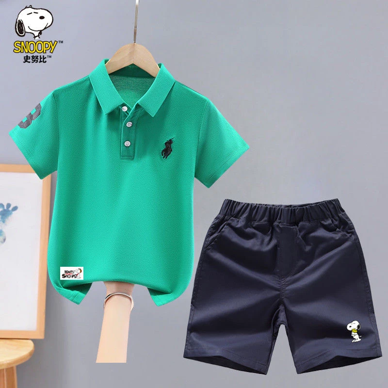 史努比男童套装夏装2025新款洋气中大童男孩polo衫短袖休闲两件套