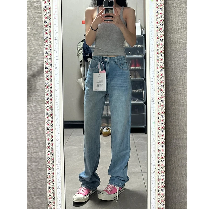 浅色阔腿牛仔裤女秋季2025新款休闲高腰显瘦垂感窄版直筒裤子