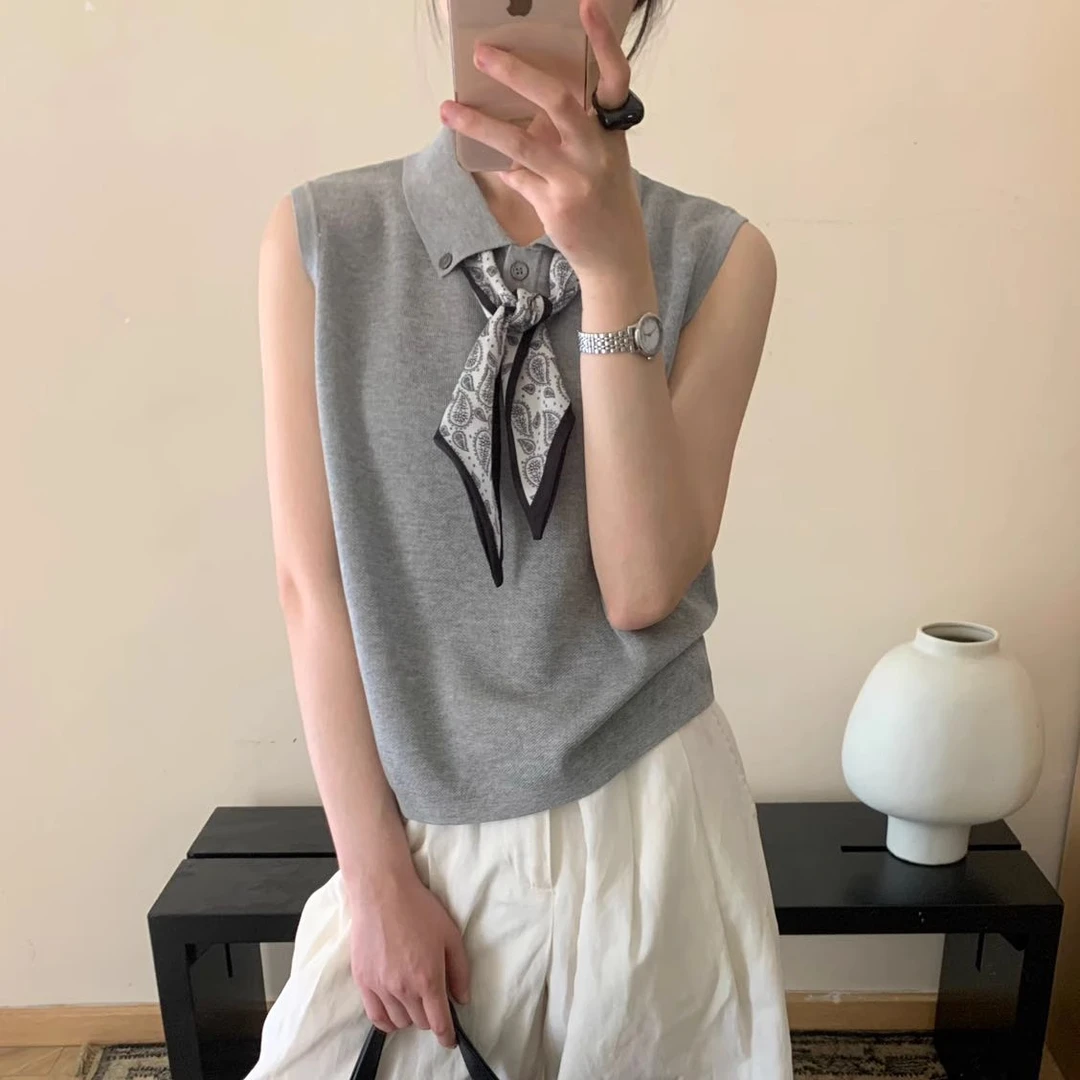 2025夏季新款韩版气质小翻领纽扣配丝巾薄款无袖针织衫上衣女T恤