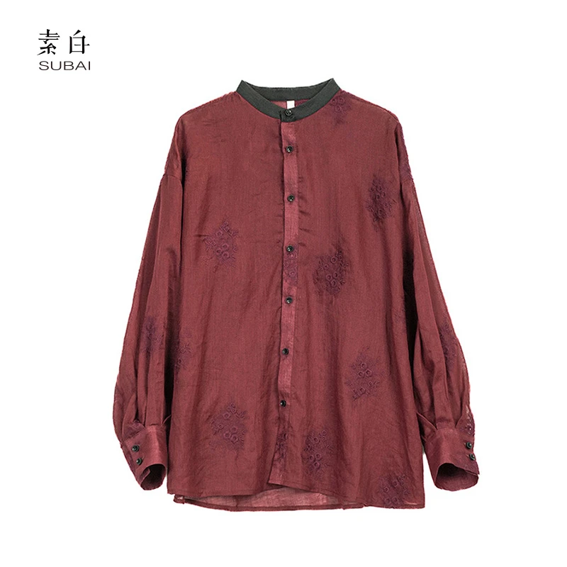 素白【红.玫瑰】新中式立领红色苎麻国风刺绣衬衫SB2501QT01118