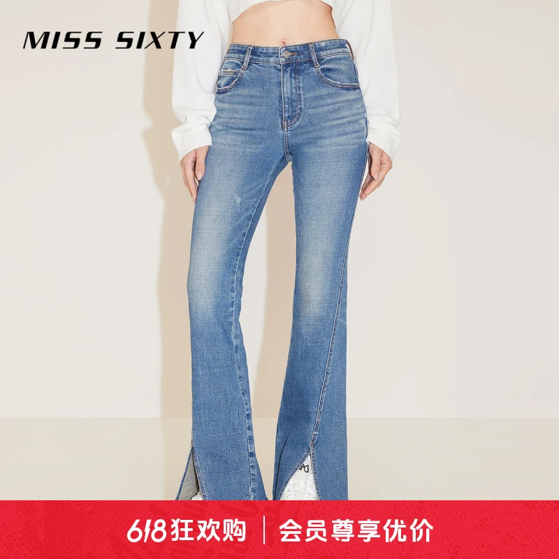 【赵老板专属】Miss Sixty新款牛仔裤女复古微喇开衩显瘦磨破7579