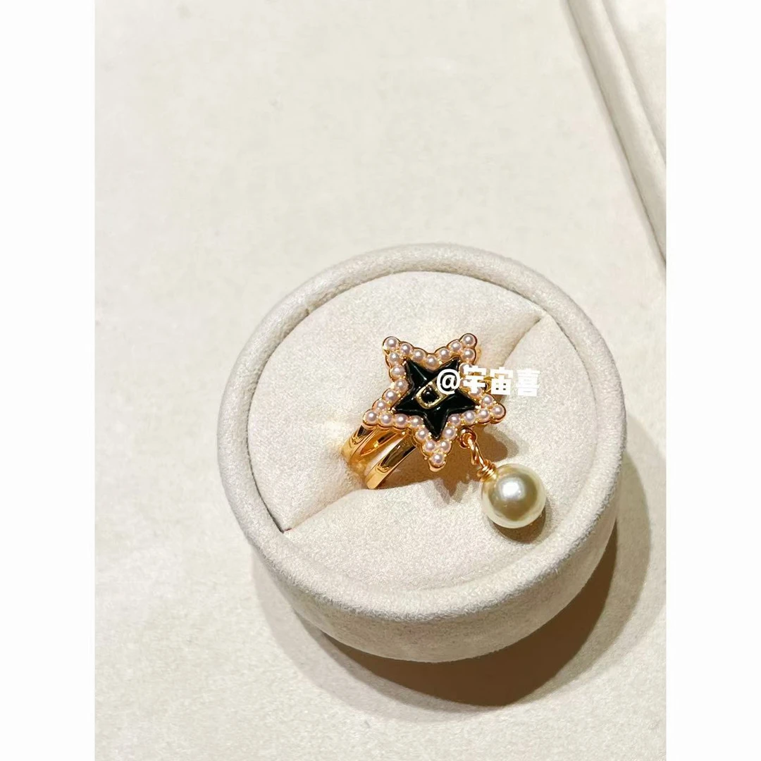 铜合金仿珍珠戒指 L2-082【猪鼻子韦雪同款五角星米珠坠珍珠戒指】