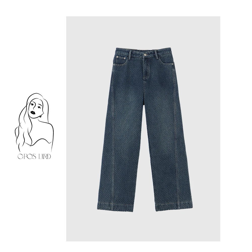 多肉宝贝肌理纹复古蓝牛仔裤女高腰显瘦遮肉牛仔裤DY9876