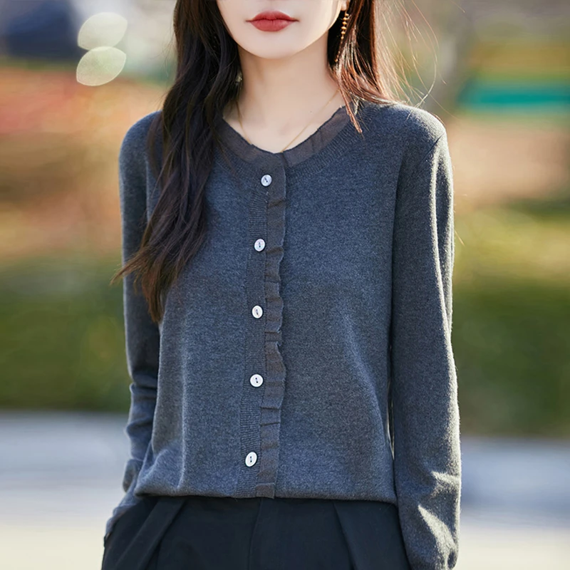 哥弟阿玛施正品羊毛开衫秋季新款蕾丝边针织衫时尚洋气女毛衣外套