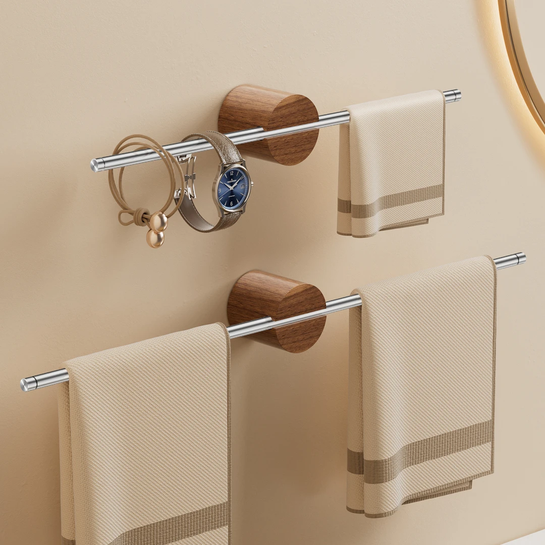 胡桃木极简毛巾架单杆高端卫生间浴室洗漱台免打孔壁挂浴巾置物架