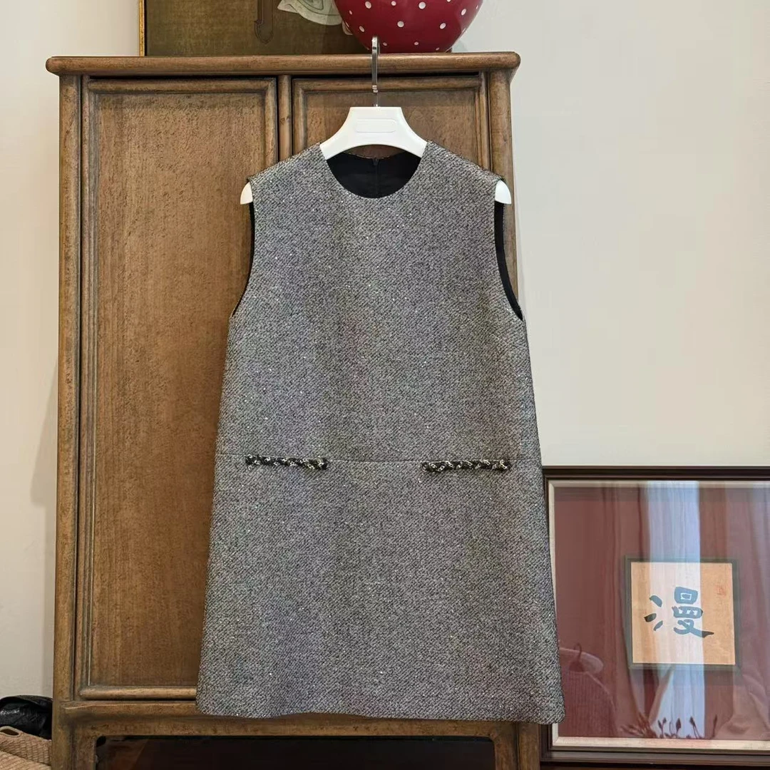 MYL 2025年春季新款丝毛混纺灰色小香连衣裙无袖小香连衣裙