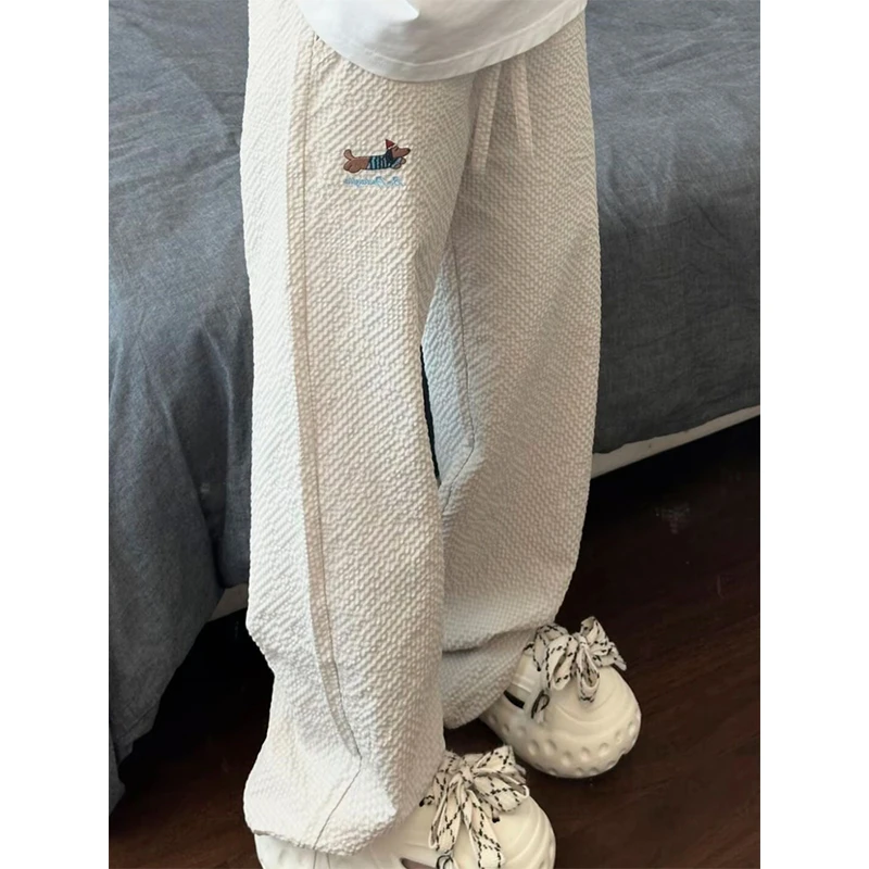 泡泡纱刺绣腊肠狗裤子男款夏季薄款透气冰丝裤美式宽松直筒休闲裤