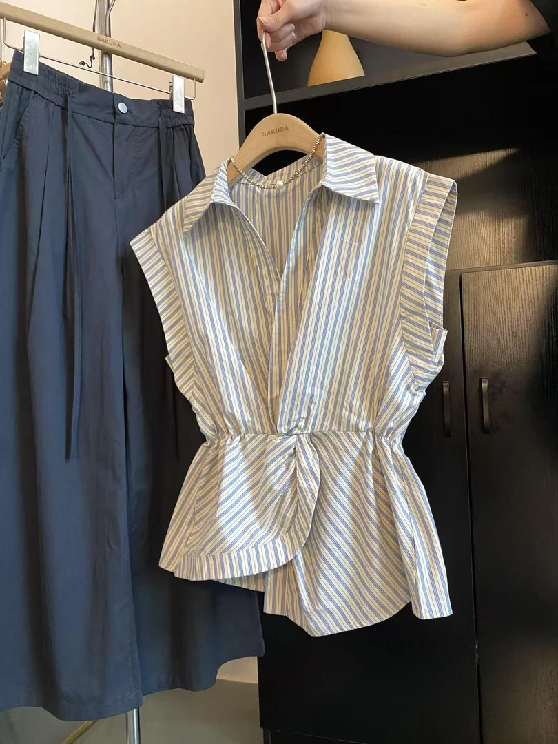 【维米尔蓝】岚polo领夏季新款气质条纹拼接宽松显瘦坎肩无袖衬衫