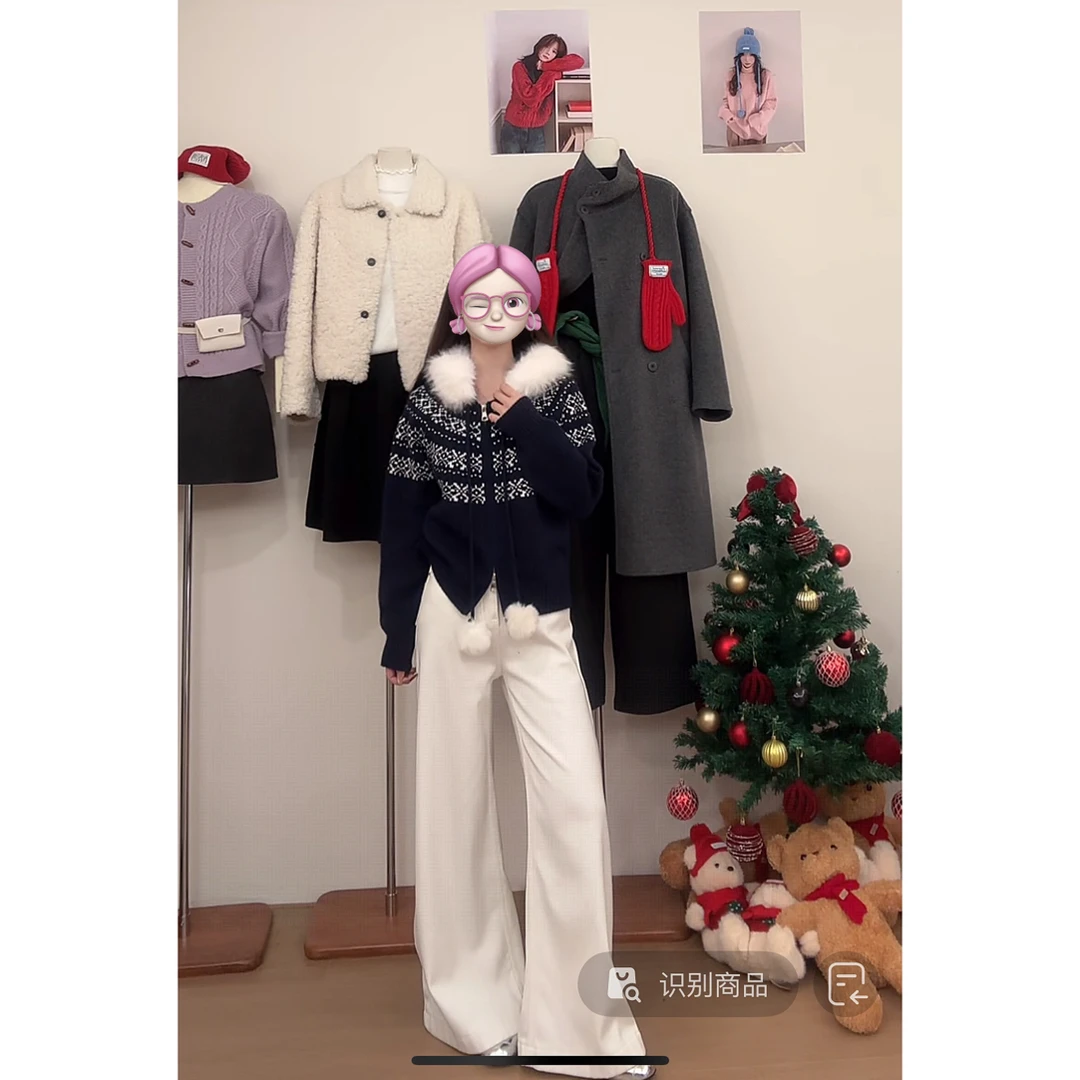 keke@A263 韩系时尚费尔岛提花连帽毛衣 （毛球毛领都可拆 衣长52）
