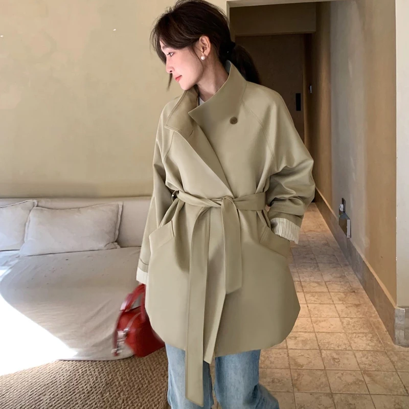 【25015】立领一粒扣韩版腰带显瘦短款风衣外套女