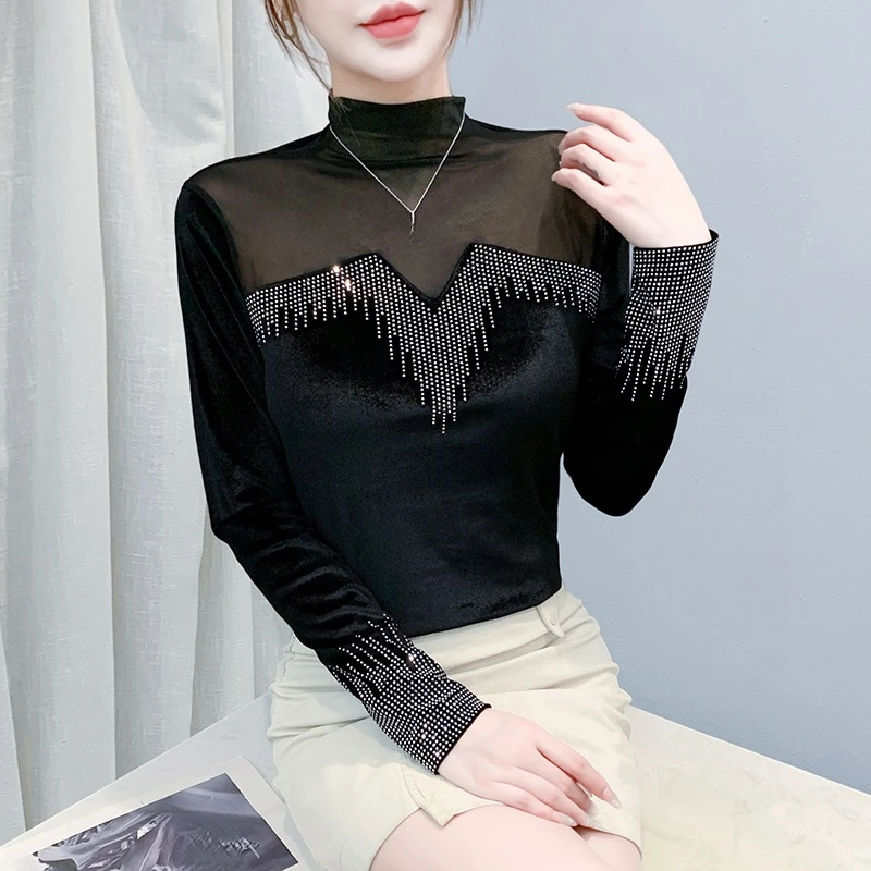 秋季新款欧货时尚重工烫钻丝绒拼接网纱长袖上衣小衫打底衫女百搭
