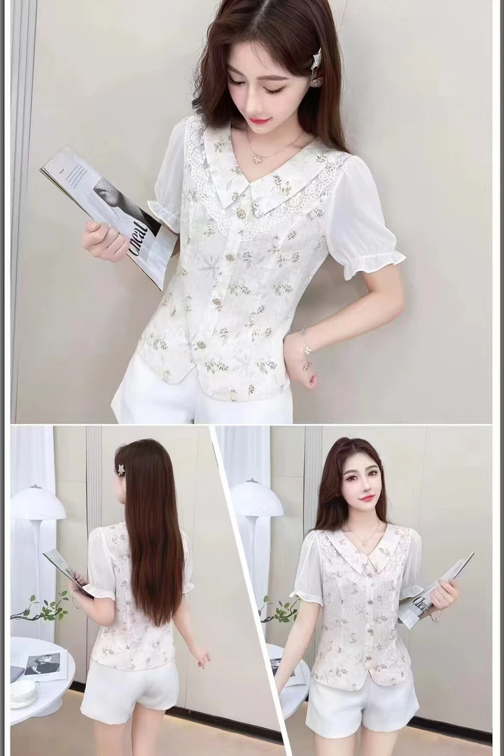 娃娃领拼接蕾丝【短袖】碎花衬衫2025时尚洋气百搭气质女士上衣