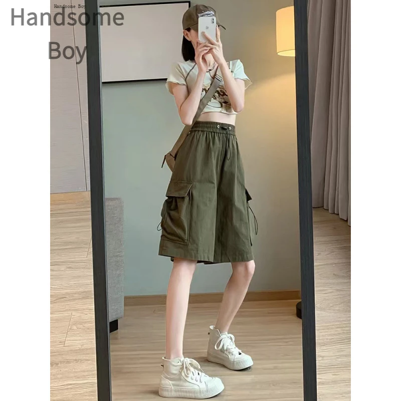 甜酷风粉色百搭工装短裤女秋季薄款美式速干休闲裤宽松直筒五分裤