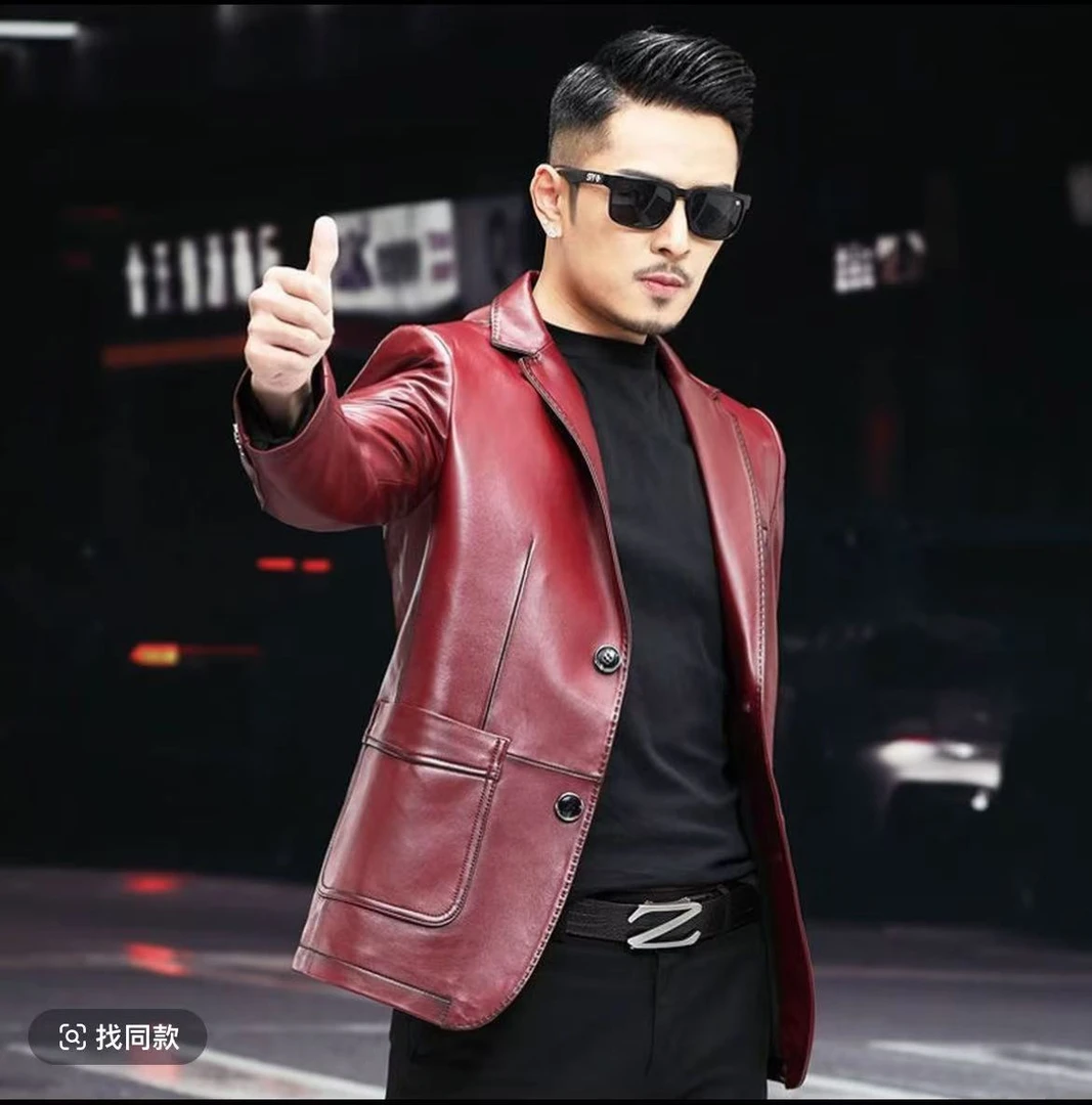 海宁时尚真皮绵羊皮男士商务春秋款西服翻领修身秋季皮衣休闲短款