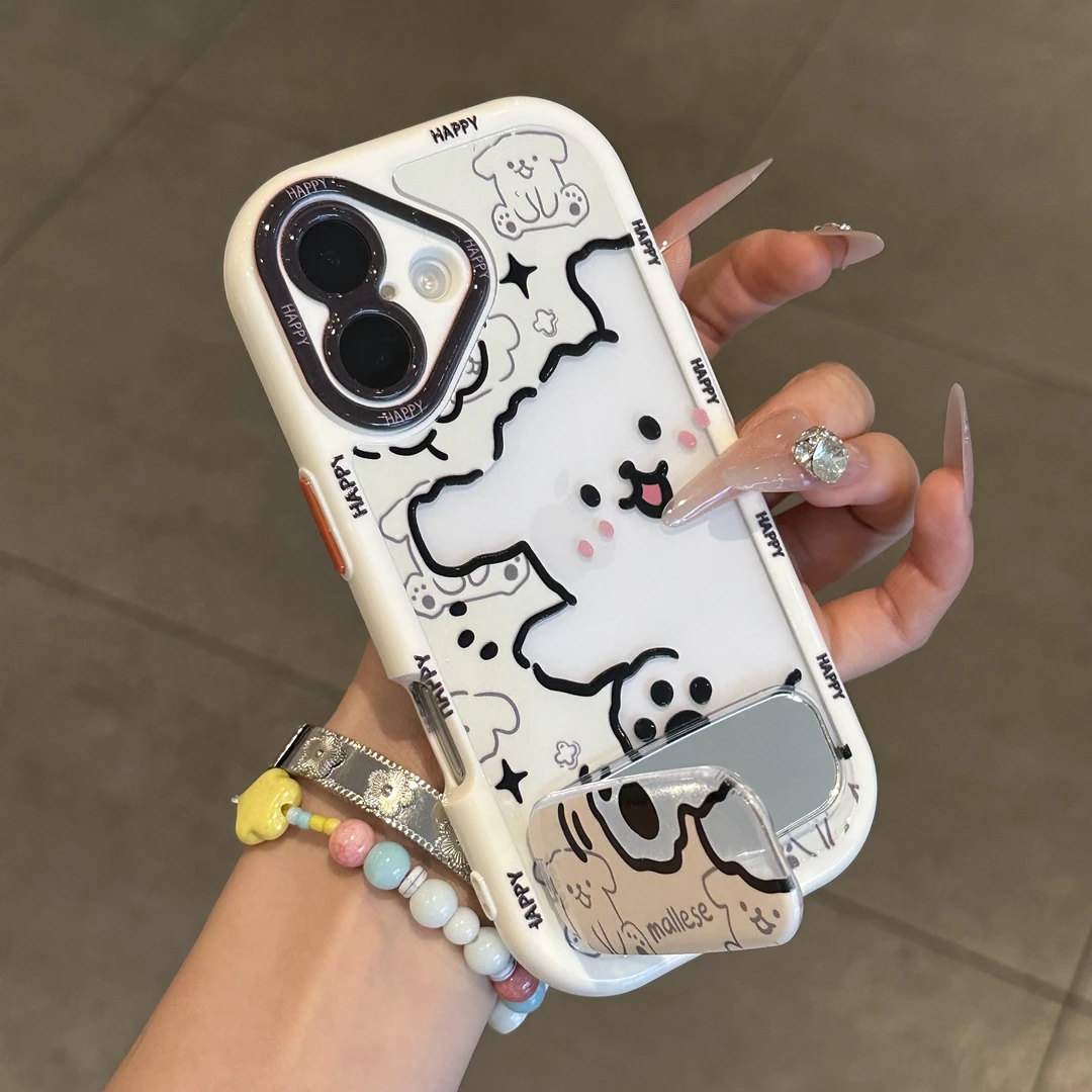 线条小狗镜面支架适用苹果16奶油手机壳华为vivo小米oppo卡通壳