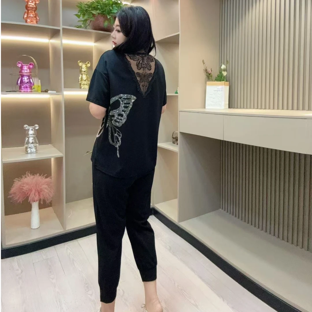 夏季套装-玲 8063时尚潮流亮闪花型设计休闲百搭胖MM大码女装新款