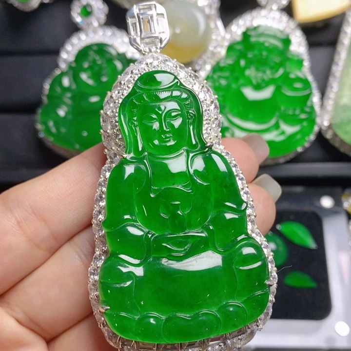 翡翠挂件银S925镶嵌观音