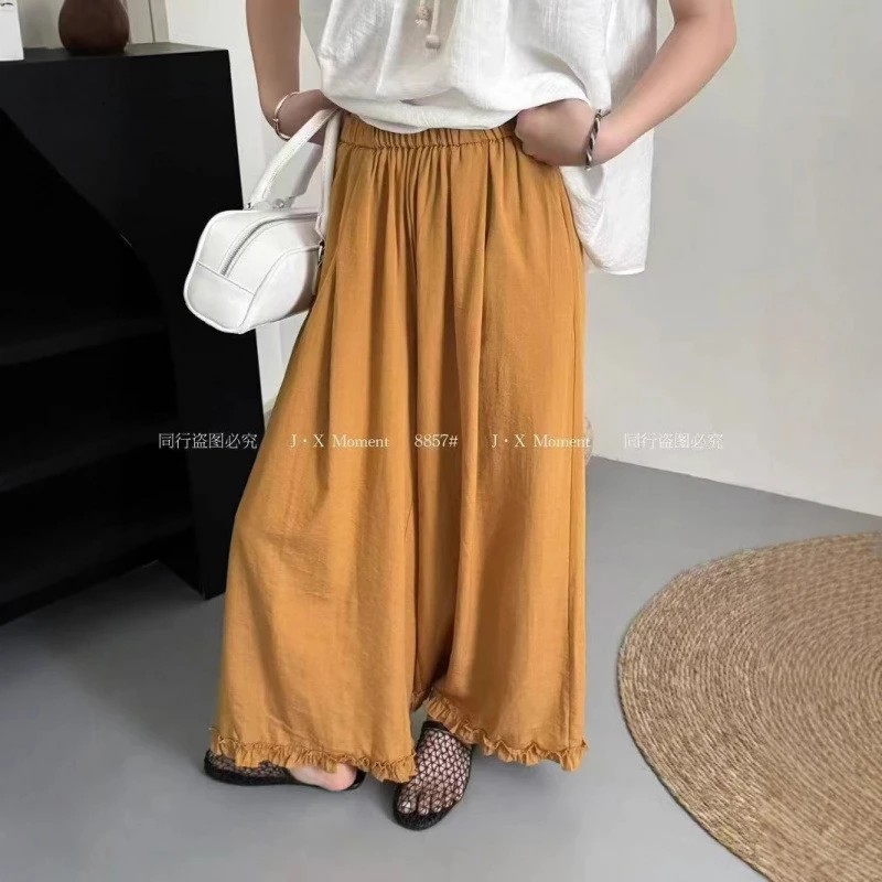 花边设计感松紧高腰休闲裤女夏季2025新款宽松显瘦垂感百搭长裤子