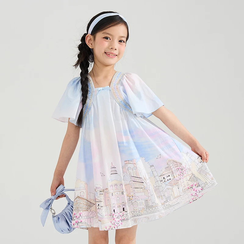 [魔都漫游]EP雅莹童装2025夏女童商场同款花苞袖印花大摆连衣裙