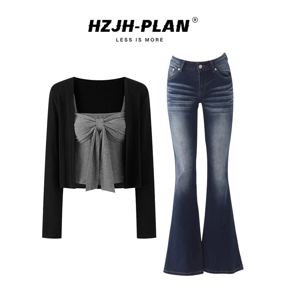 早秋韩系轻熟风针织吊带开衫女百搭直筒休闲牛仔裤气质显瘦三件套