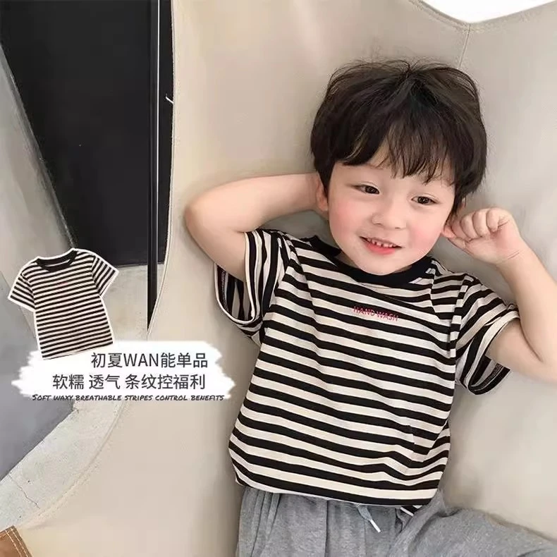 【清仓】夏季中小儿童女孩婴儿条纹半袖体恤上衣纯棉男童短袖t恤