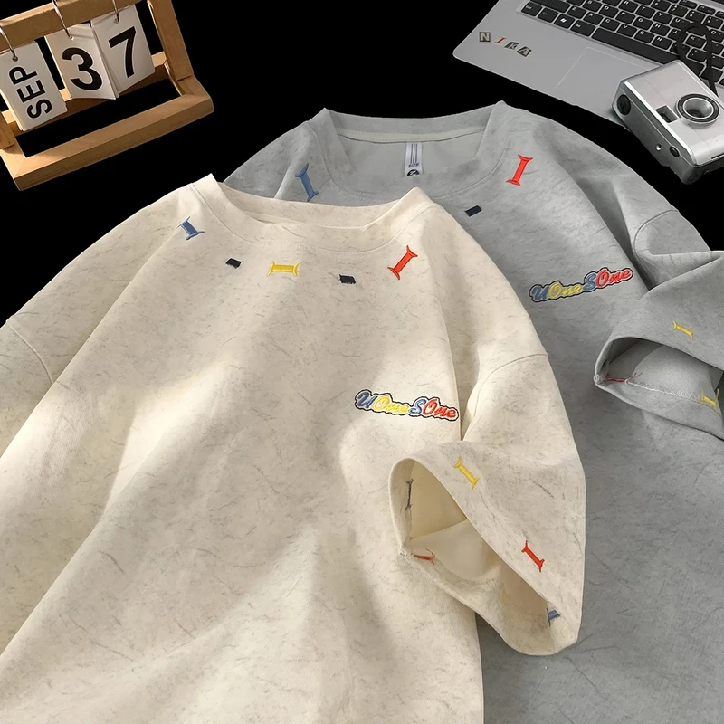 美式重磅砂洗字母刺绣短袖T恤男夏季潮牌硬挺情侣装冰丝五分半袖