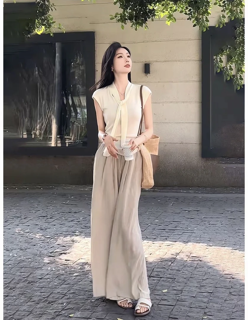 法式轻奢松弛感套装2025夏季短袖飘带上衣+垂坠高腰阔腿裤两件套