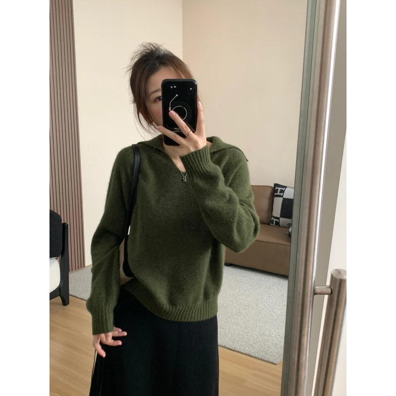 JMHH【假日】高级感绵羊毛V领套头毛衣女秋冬慵懒显瘦海军领上衣