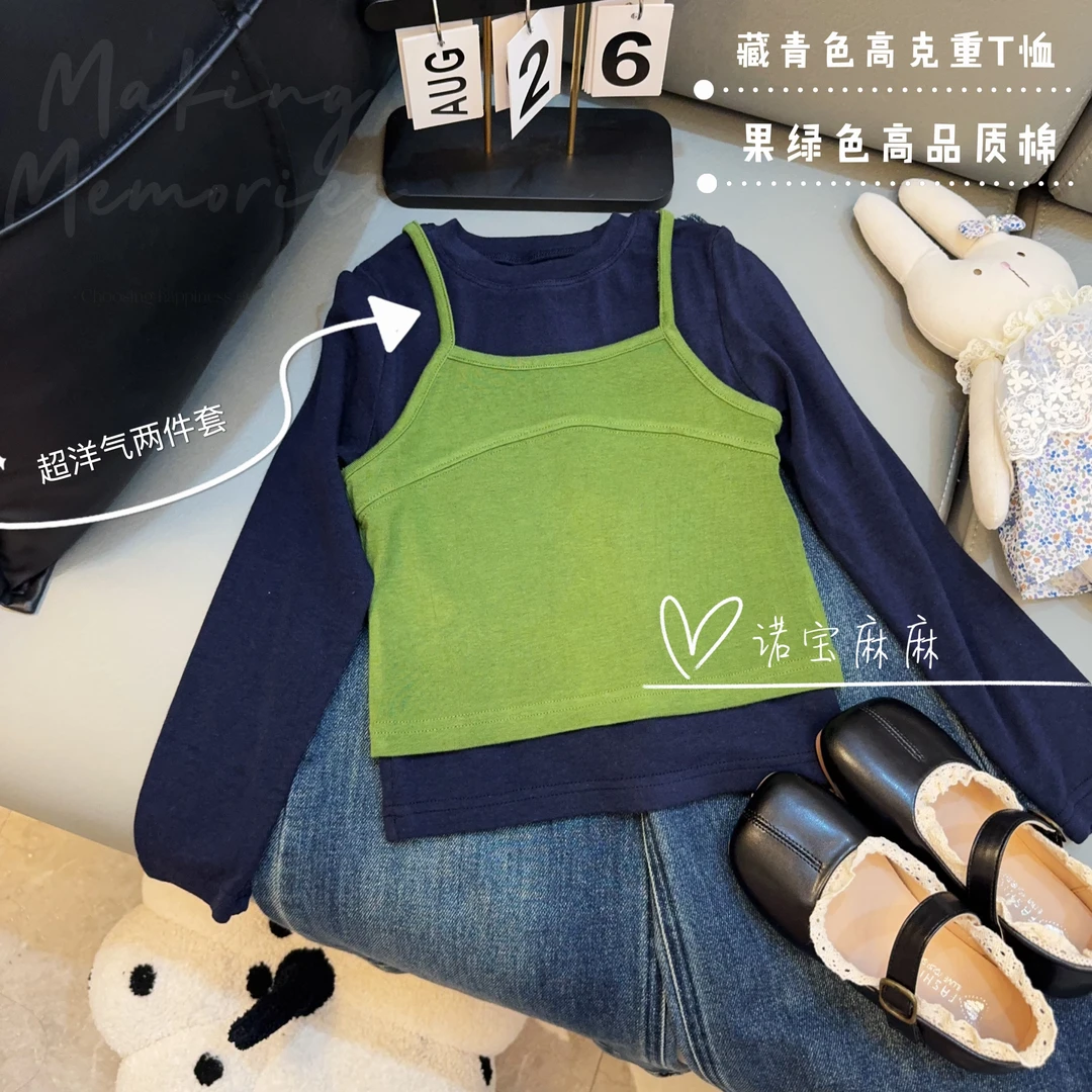 【秋上新】【原版高品质棉】女童长袖t恤吊带两件套叠穿设计师款上衣