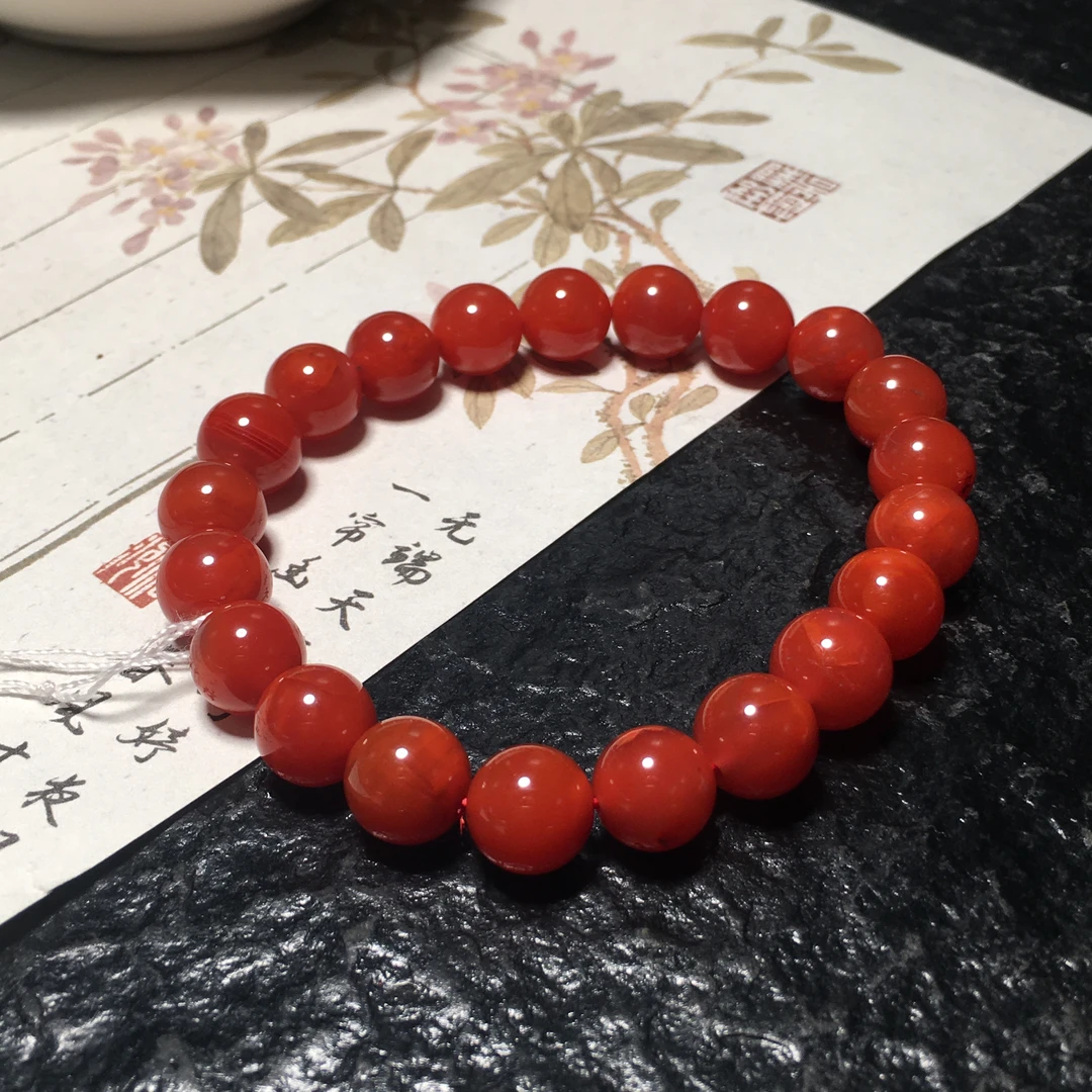 【朱锦南红】天然保山南红玛瑙杨柳料满色单圈手串颜色红润9mm22.3g