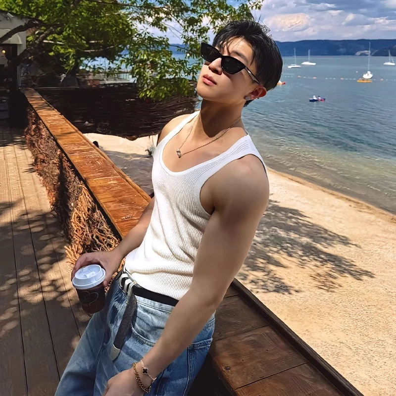 白色美式重磅低领口背心男款夏季运动健身无袖t恤显肌肉坎肩汗衫