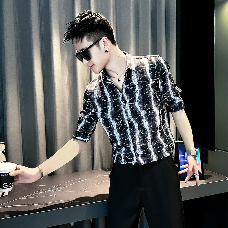 不规则条纹男士短袖衬衫夏季2025新款爆款潮牌高档休闲中袖衬衣寸