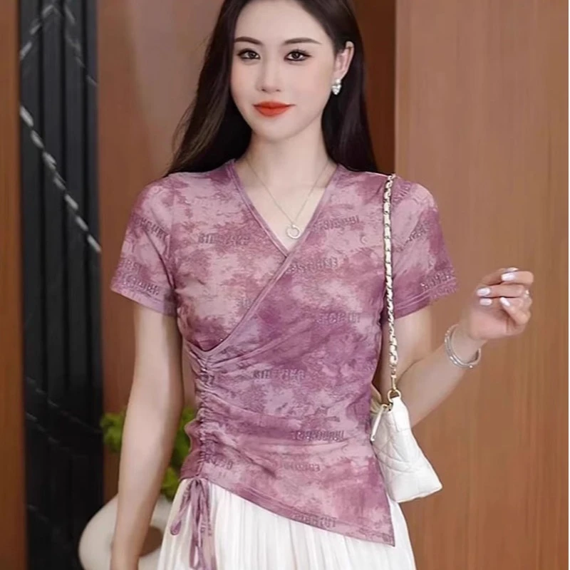 修身V领短袖打底衫法式气质洋气名媛夏季时尚短款t恤上衣显瘦上衣