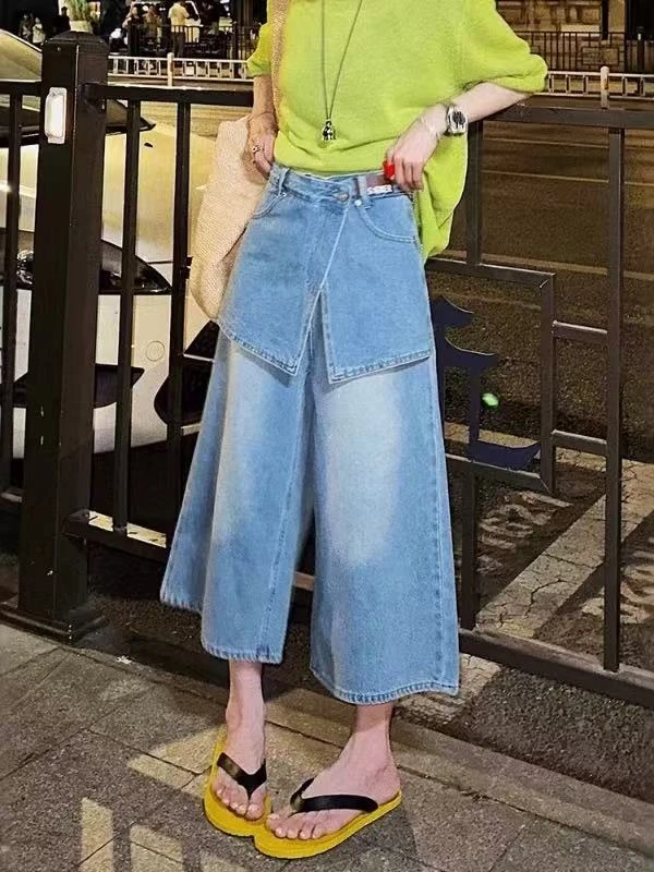 Z.X  复古水洗裙边拼接牛仔九分裤 7592（K3）