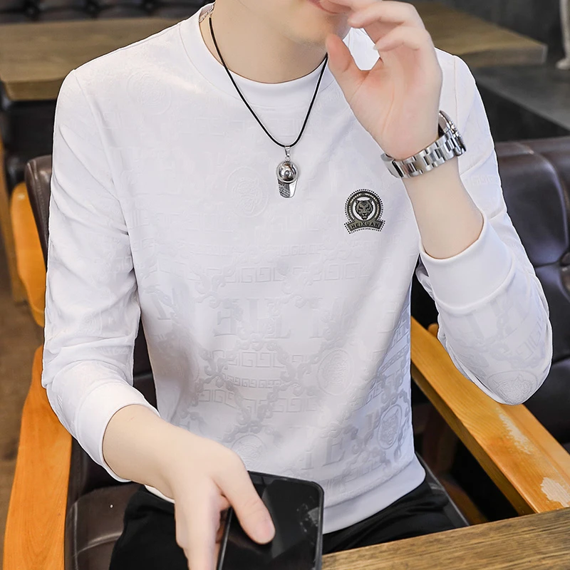 30-50岁秋款青年男士休闲印花圆领T恤宽松透气时尚上衣卫衣打底衫