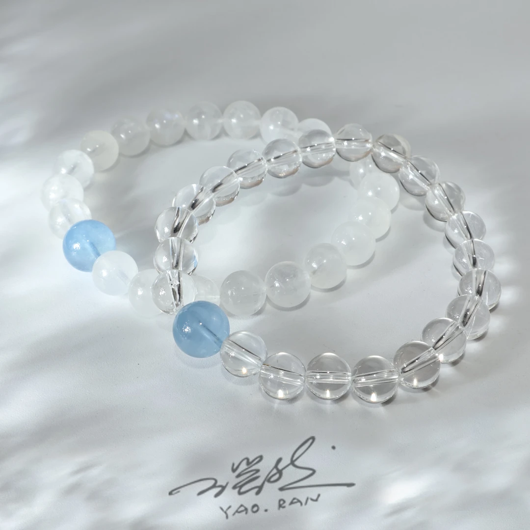 白水晶海蓝宝单圈蓝月光石奶油体百搭露思同款手串