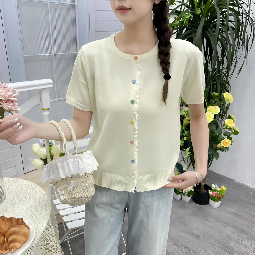 2025女装针织衫开衫上衣气质圆领花边短款短袖百搭韩系显瘦气质