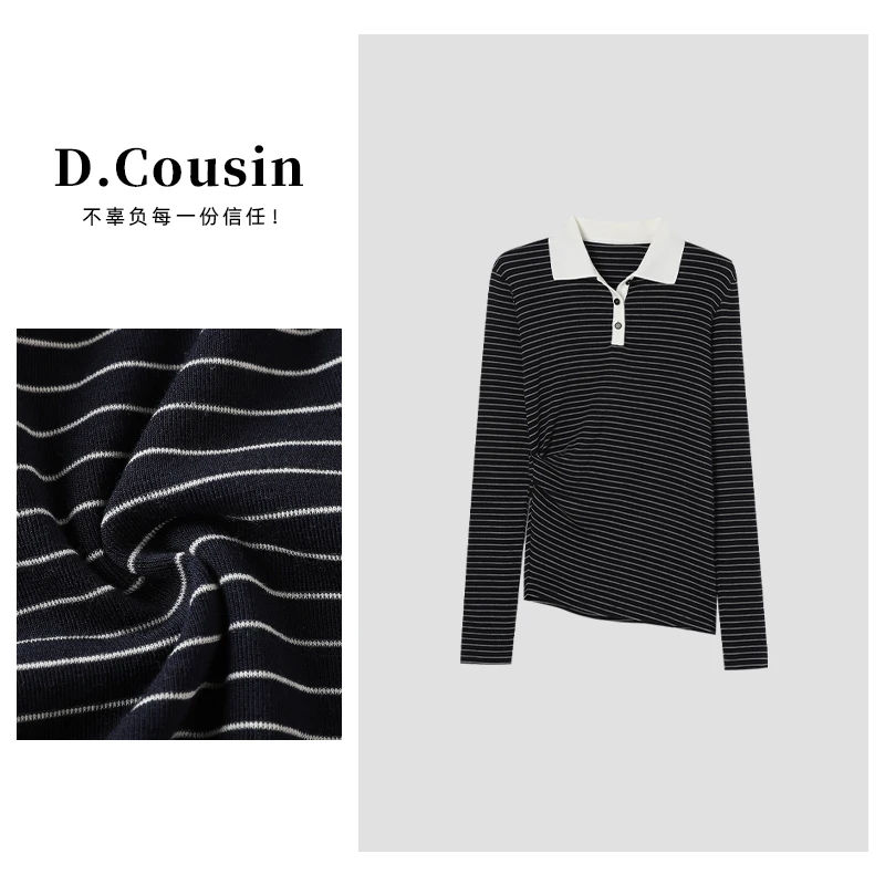 D.cousin  25新款条纹翻领女士针织polo领上衣 2287