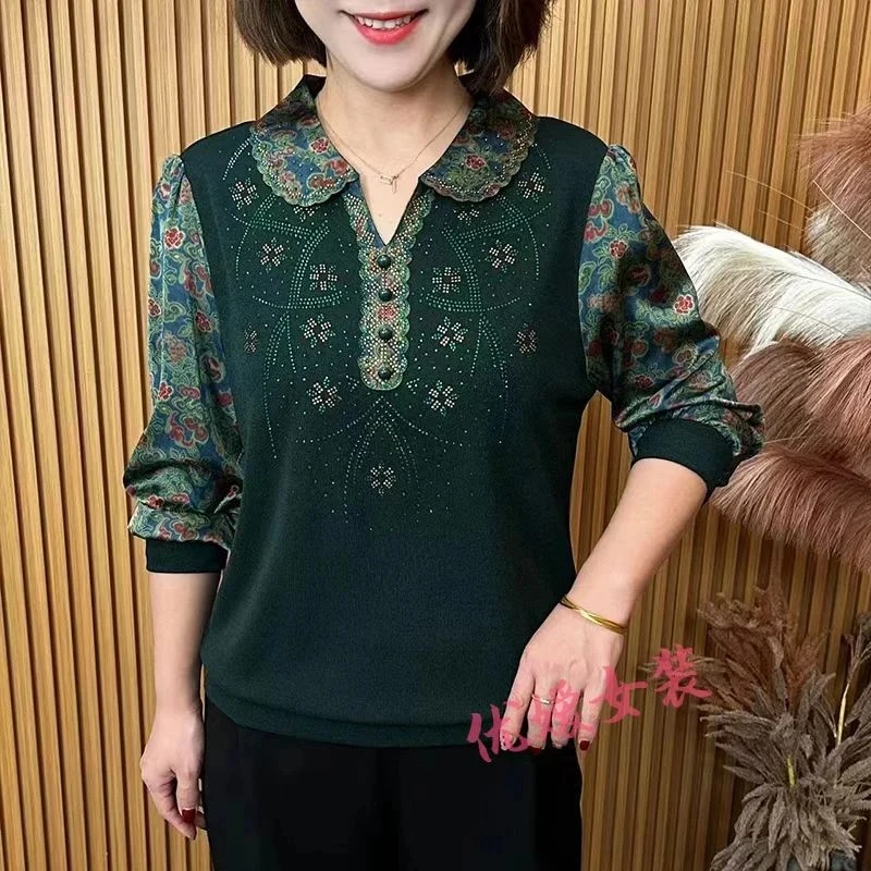 2025新款妈妈装喜庆春节翻领烫钻显瘦小衫气质减龄百搭遮肚上衣