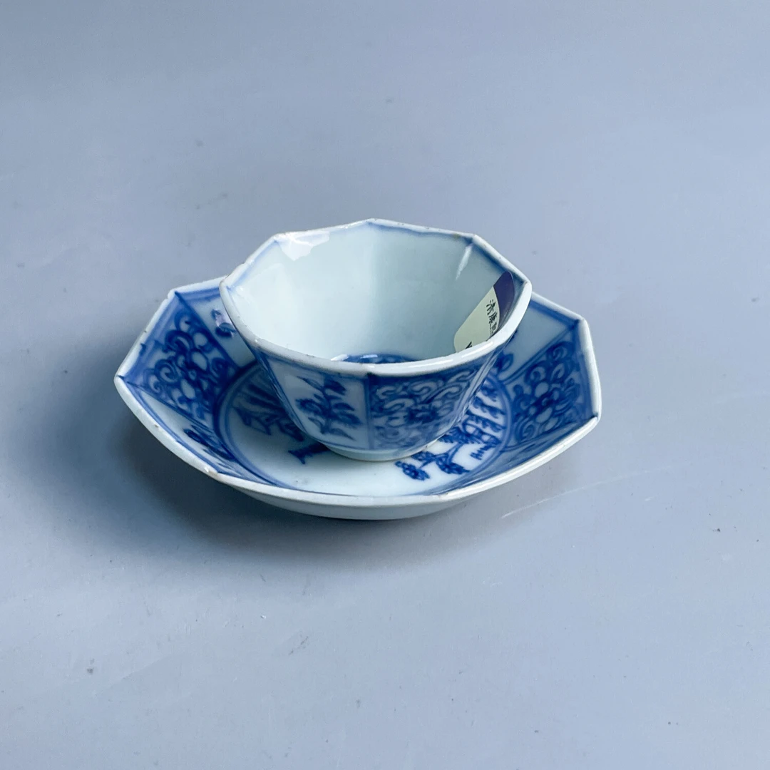 清康熙青花花卉纹杯碟套3-M25GG008868