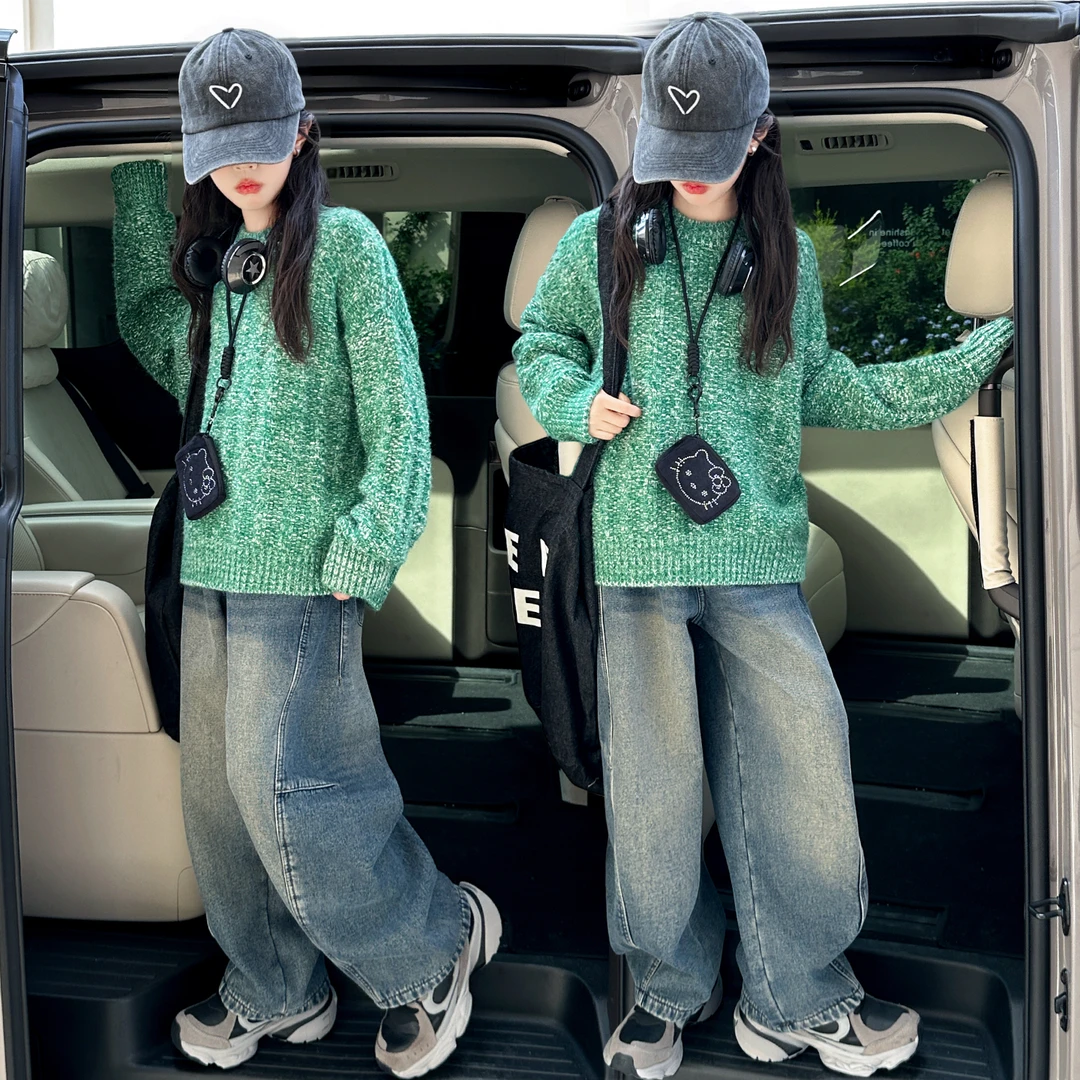 女童秋冬加厚毛衣套装大童冬季时尚套头针织衫加绒牛仔裤两件套潮