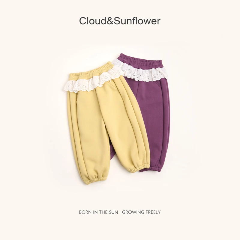 【云朵小葵】女童冬季新款洋气纯色蕾丝边休闲束脚裤992050