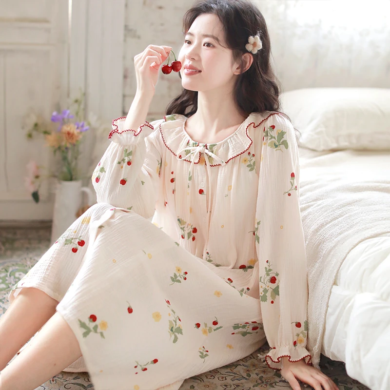 『小红莓』自带胸垫春夏纯棉纱布产后哺乳睡裙薄款怀孕期孕妇待产裙