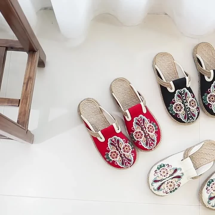 民族风圆头时尚汉服鞋平底低帮透气绣花鞋民族风圆头女鞋平底古风