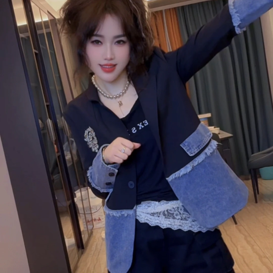 2025春秋新款欧洲站小个子西服薄款上衣女牛仔外套女拼接西装