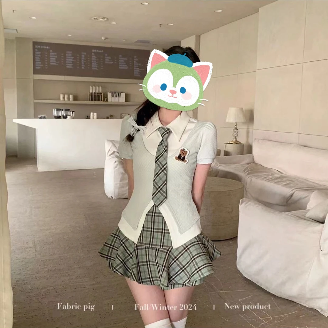 【破价秒发三件套】2025新款学院风上衣收腰格子短裙两件套女装开春